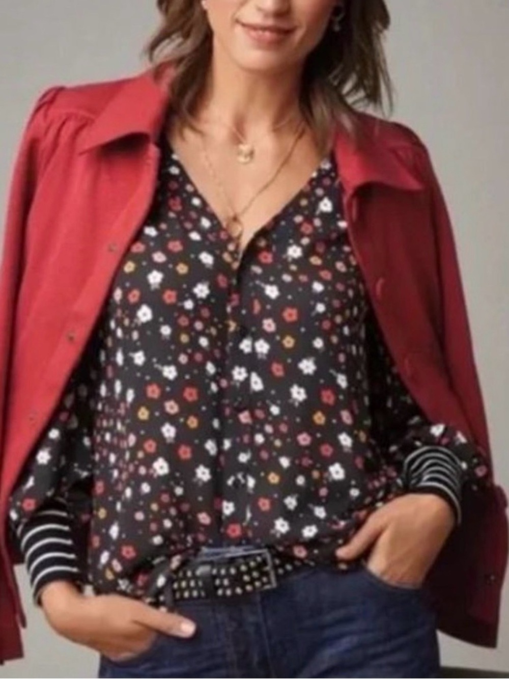 CAbi Black Floral Button-Down Blouse with Red and White Flowers Sz S